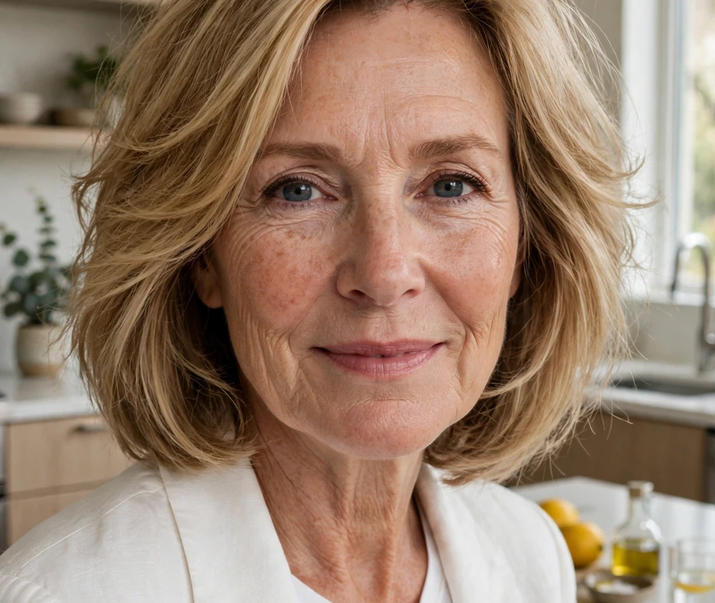 Honey-blonde layered medium bob with airy movement on a woman in her late fifties