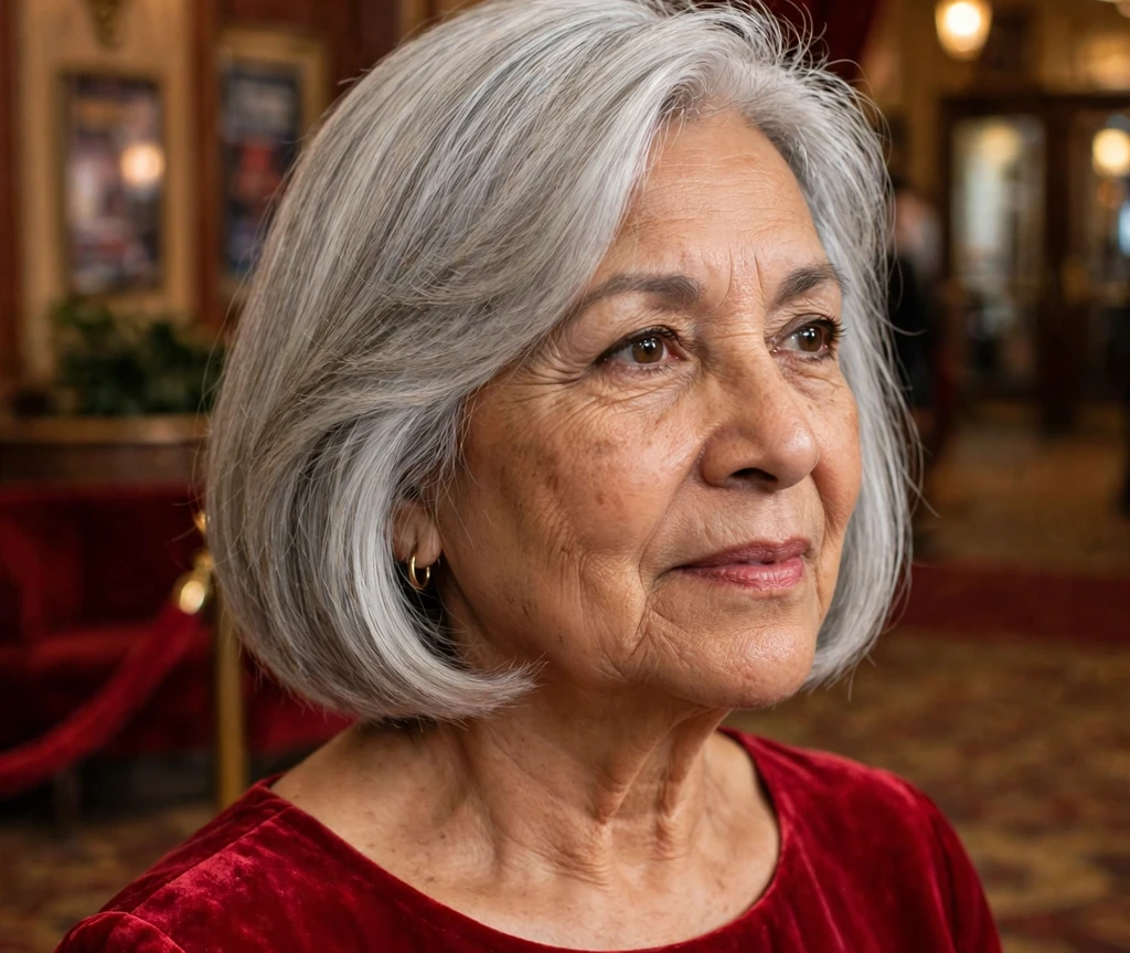 Silver medium bob with elegant side-swept bangs on a Latina woman in her mid-sixties