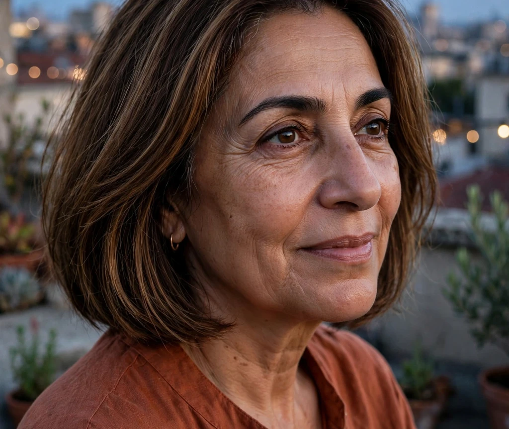 Espresso-brown medium bob with caramel lowlights on a Middle Eastern woman in her late fifties