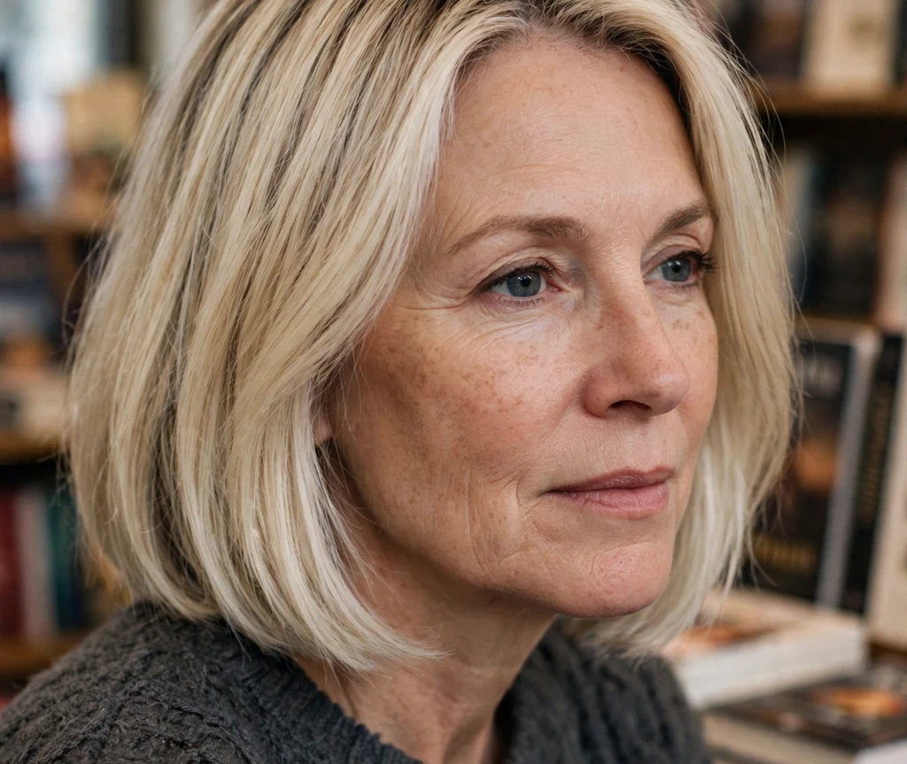 Platinum-blonde medium bob with a soft root shadow on a woman in her early fifties