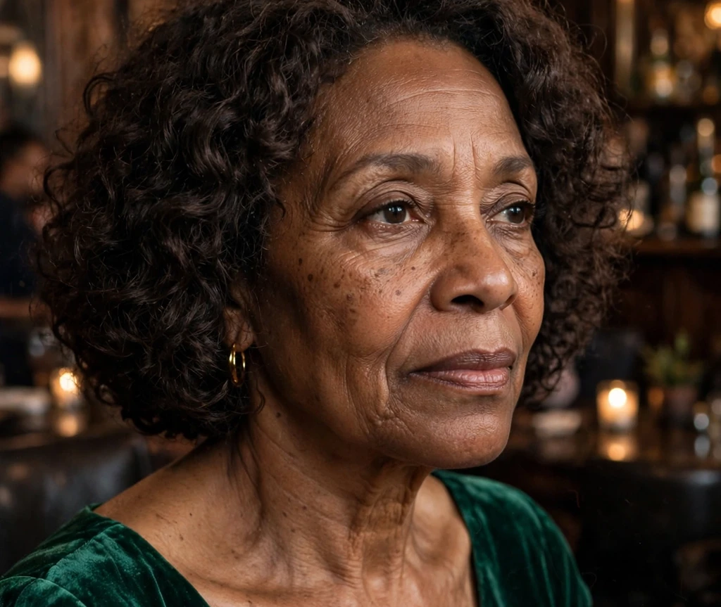 Dark-brown curly chin-length bob with soft definition on a Black woman in her early sixties