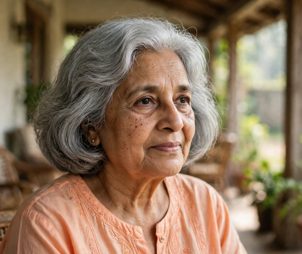 Soft gray voluminous medium bob with gentle waves on a South Asian woman in her mid-sixties