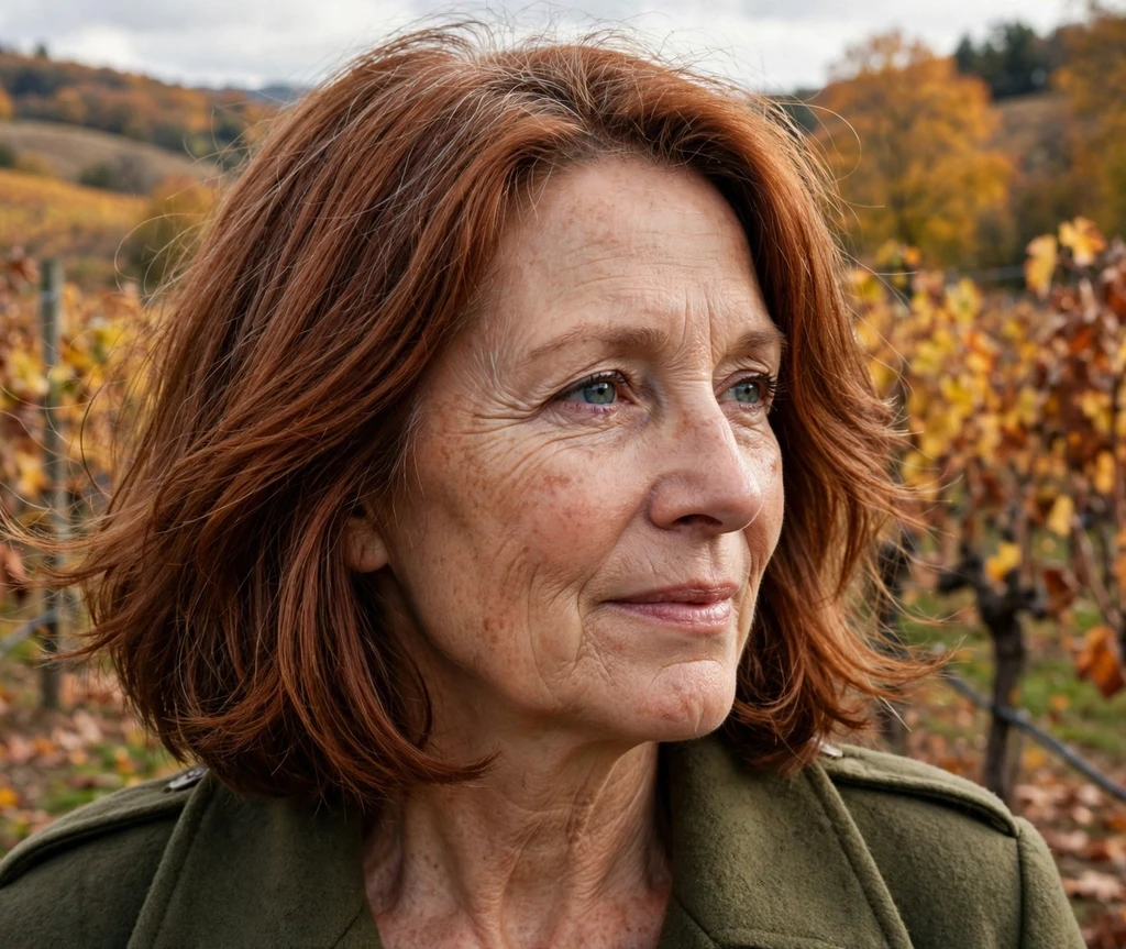 Auburn medium bob with feathered ends on a woman in her mid-fifties