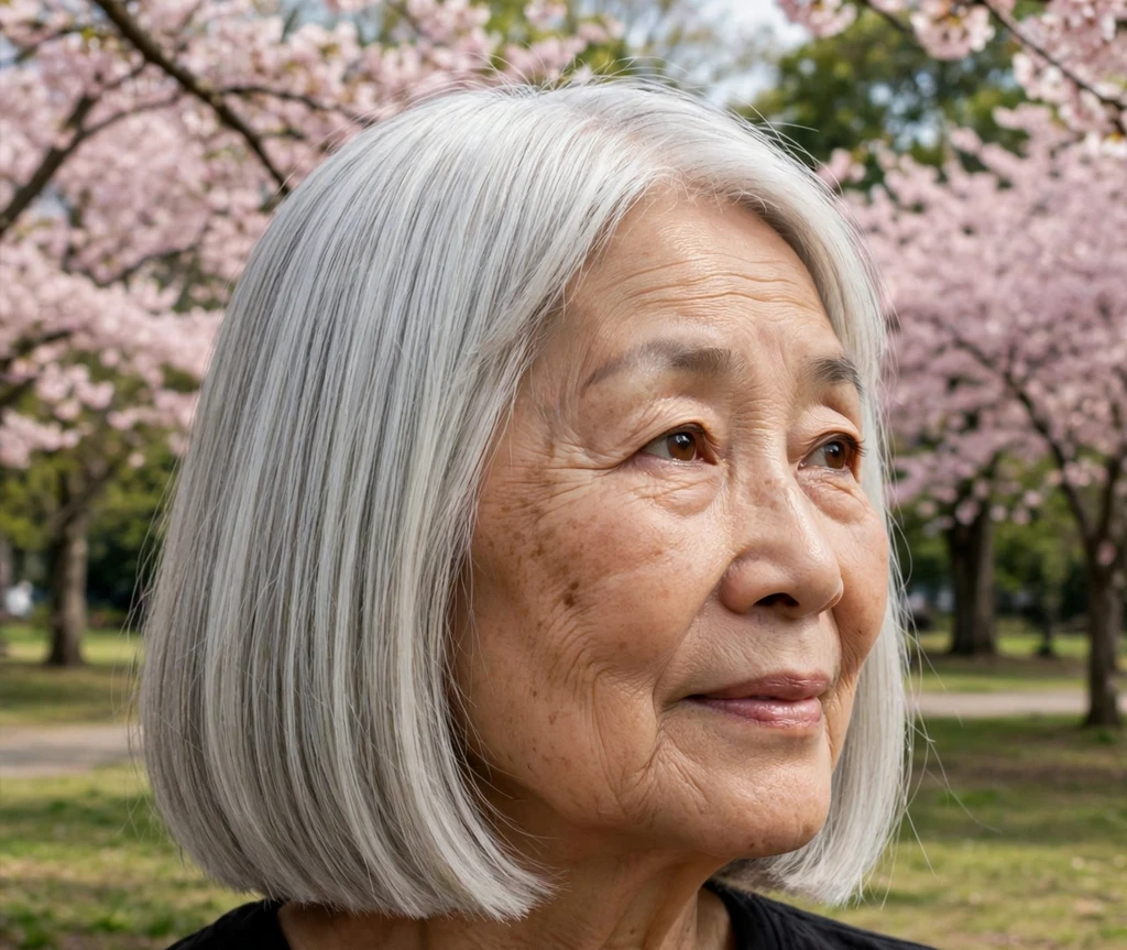 Silver-white blunt medium bob with precise ends on an East Asian woman in her late sixties