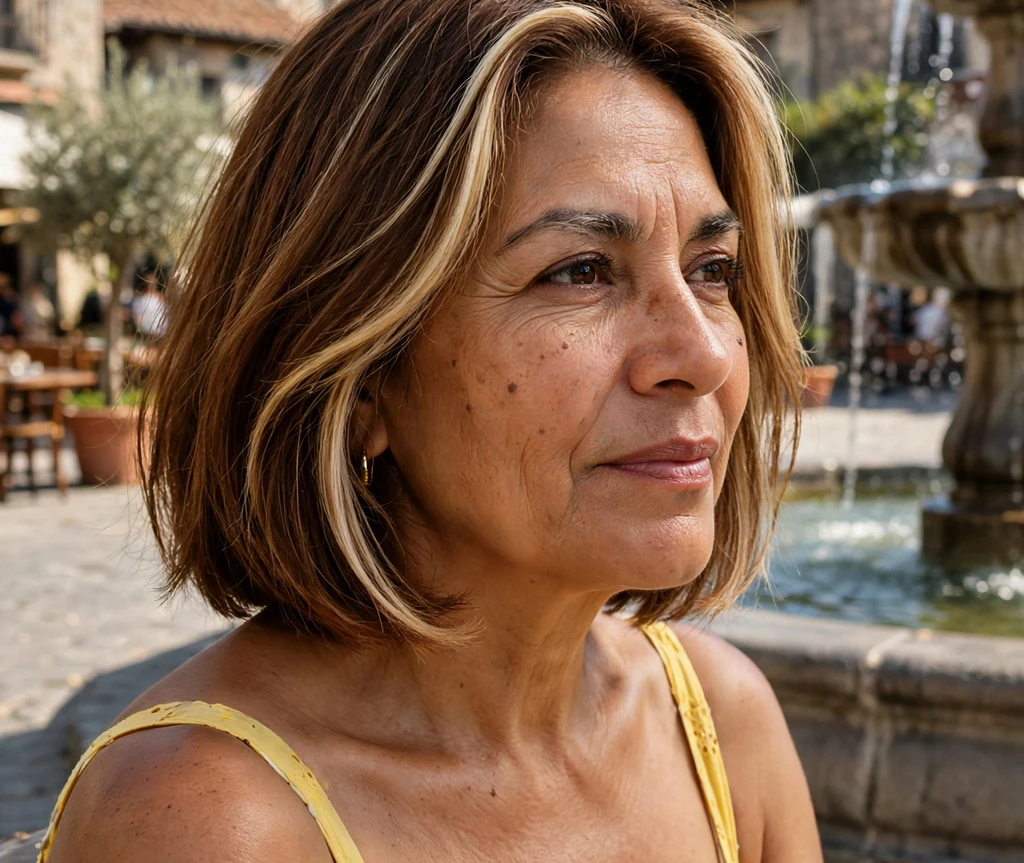 Chestnut medium bob with face-framing highlights on a Latina woman in her early fifties