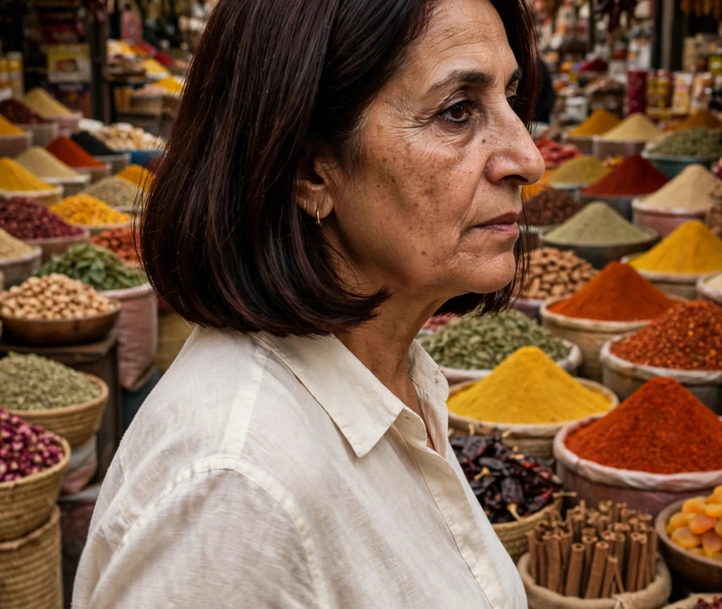 Dark mahogany medium bob with glossy shine on a Middle Eastern woman in her late fifties