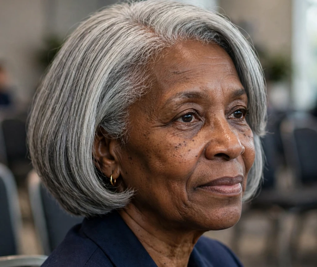 Silver-gray medium bob with a tapered nape on a Black woman in her early sixties