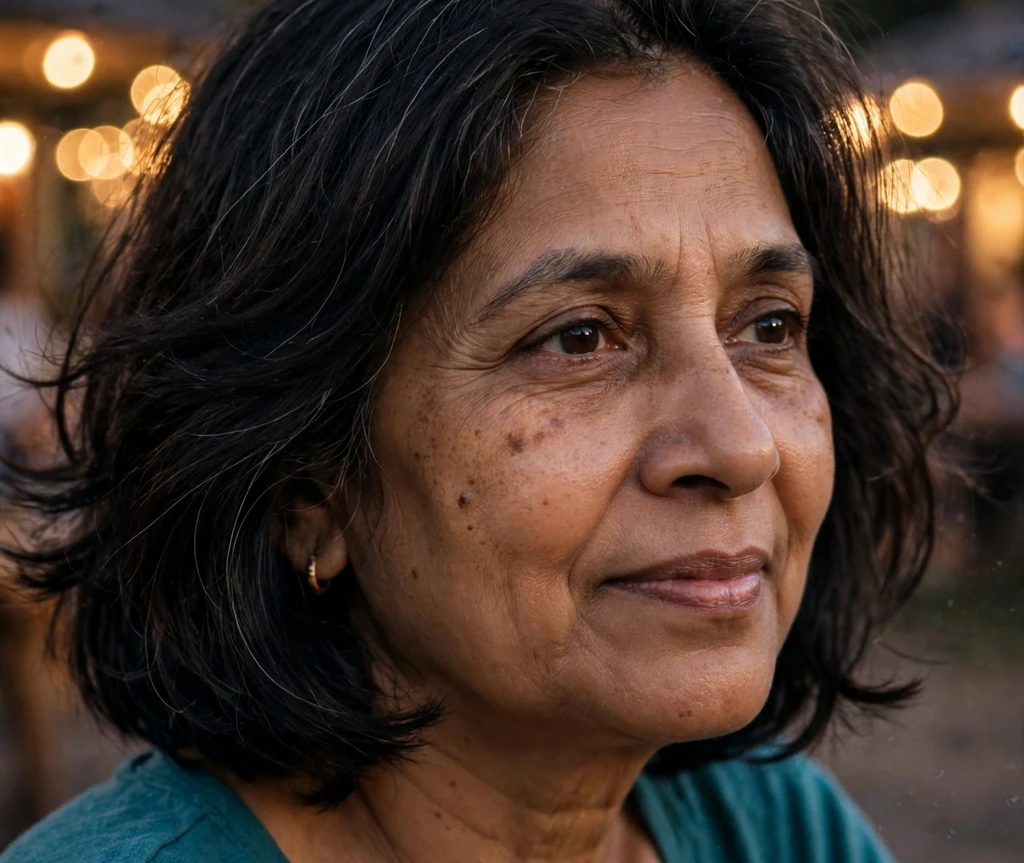 Warm black layered medium bob with movement on a South Asian woman in her mid-fifties