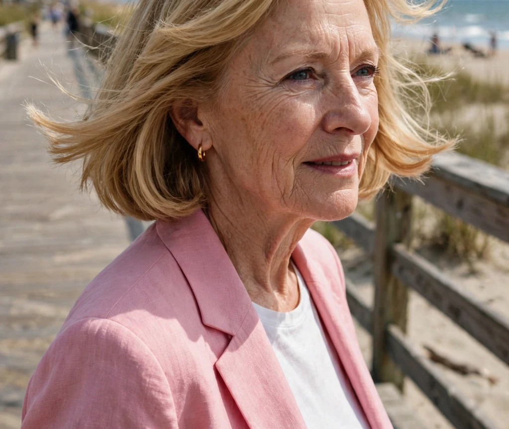 Golden-blonde medium bob with playful flipped ends on a woman in her early sixties