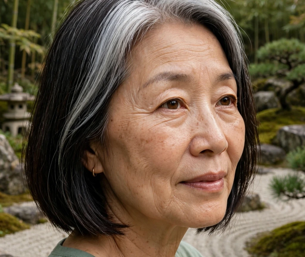 Dark medium bob with a silver money piece on an East Asian woman in her late fifties