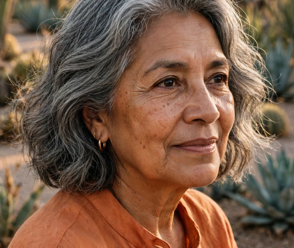 Soft gray wavy medium bob with relaxed movement on a Latina woman in her late sixties