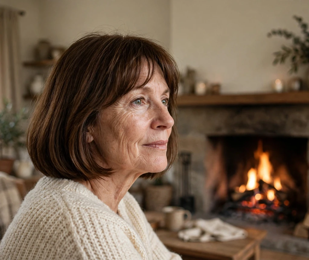 Rich brown medium bob with soft bangs on a woman in her mid-fifties