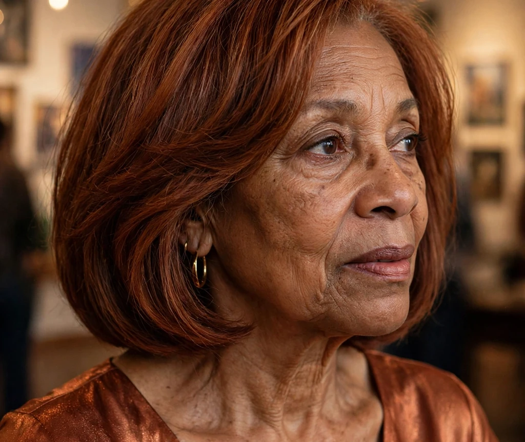 Auburn medium bob with beautifully defined layers on a Black woman in her early sixties