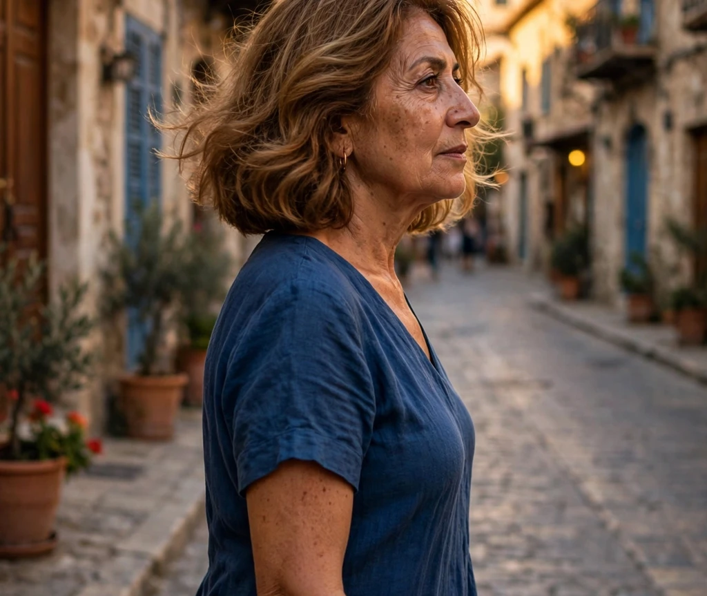 Warm caramel wavy medium bob with soft dimension on a Middle Eastern woman in her late fifties