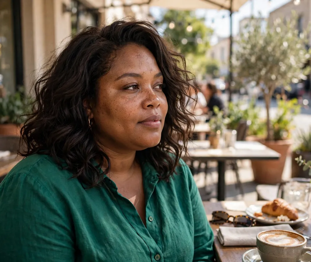 Plus-size woman with a voluminous dark-brown wavy shoulder-length lob, wearing an emerald green blouse, at a sunny cafe