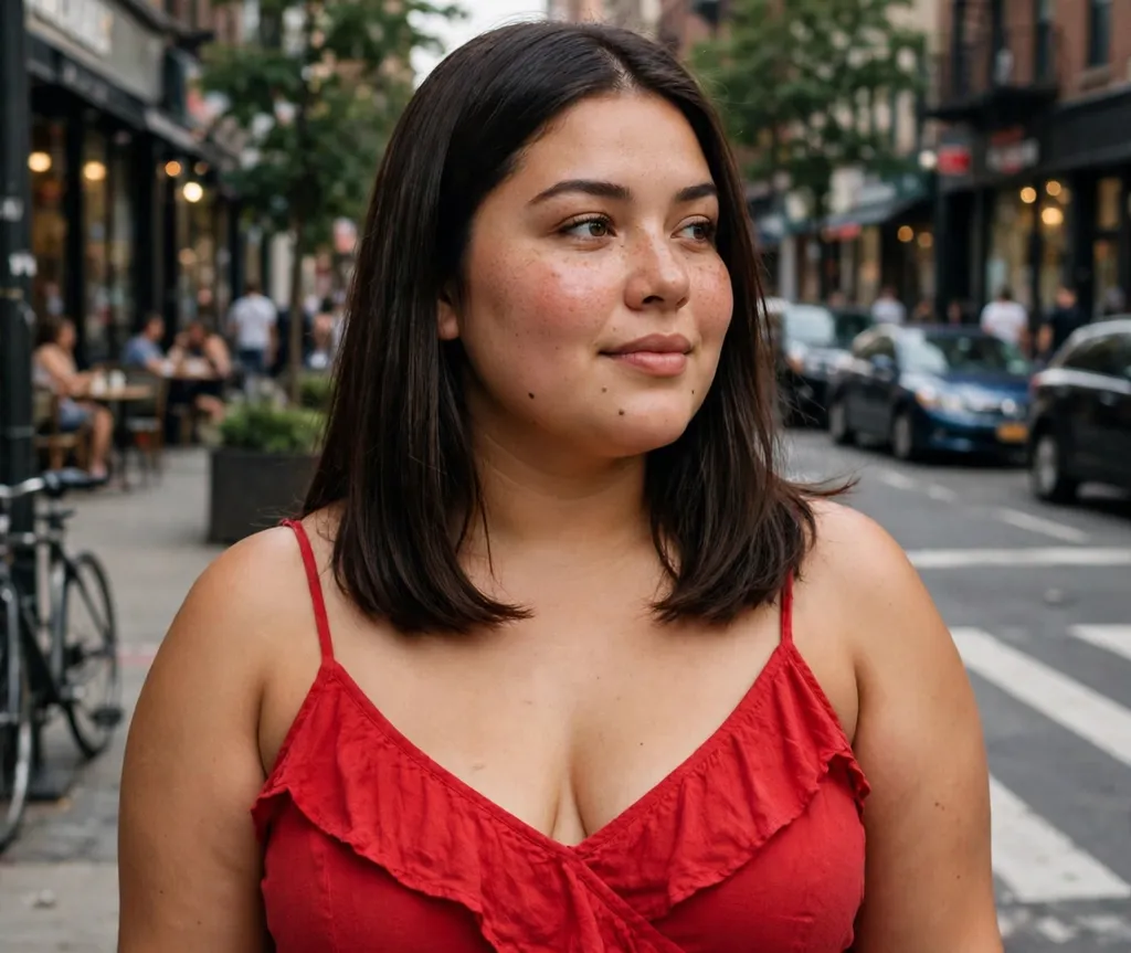 Plus-size woman with a classic straight dark-brown shoulder-length lob with a center part, wearing a red dress on a city street
