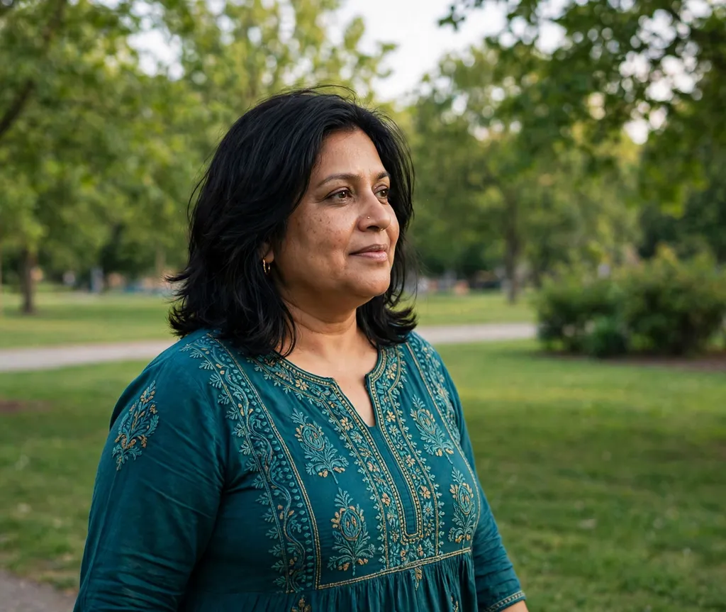 Plus-size woman with soft layered mid-length black hair, wearing a teal embroidered top in a park