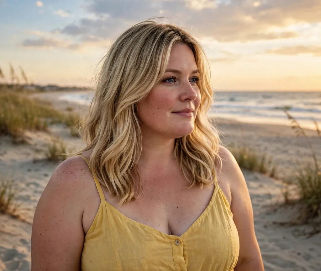 Plus-size woman with blonde face-framing curtain layers falling to the collarbone, wearing a yellow sundress at the beach