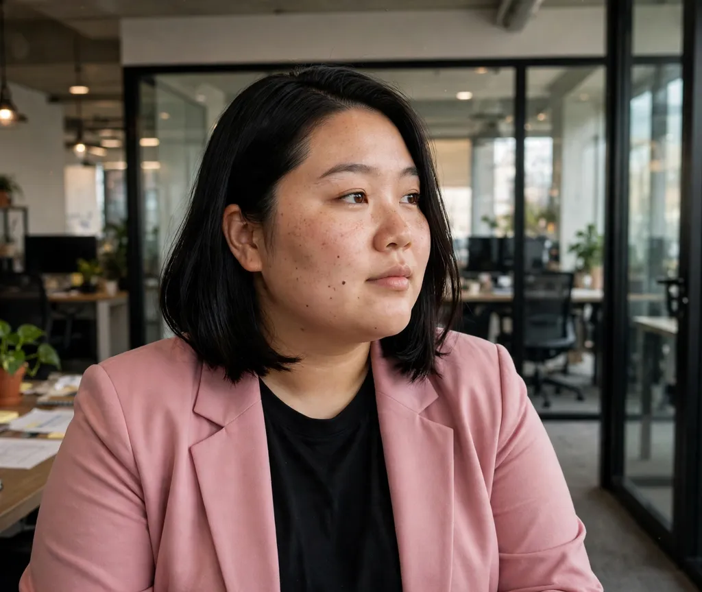 Plus-size woman with a side-parted straight black shoulder-length bob, wearing a pink blazer in an office