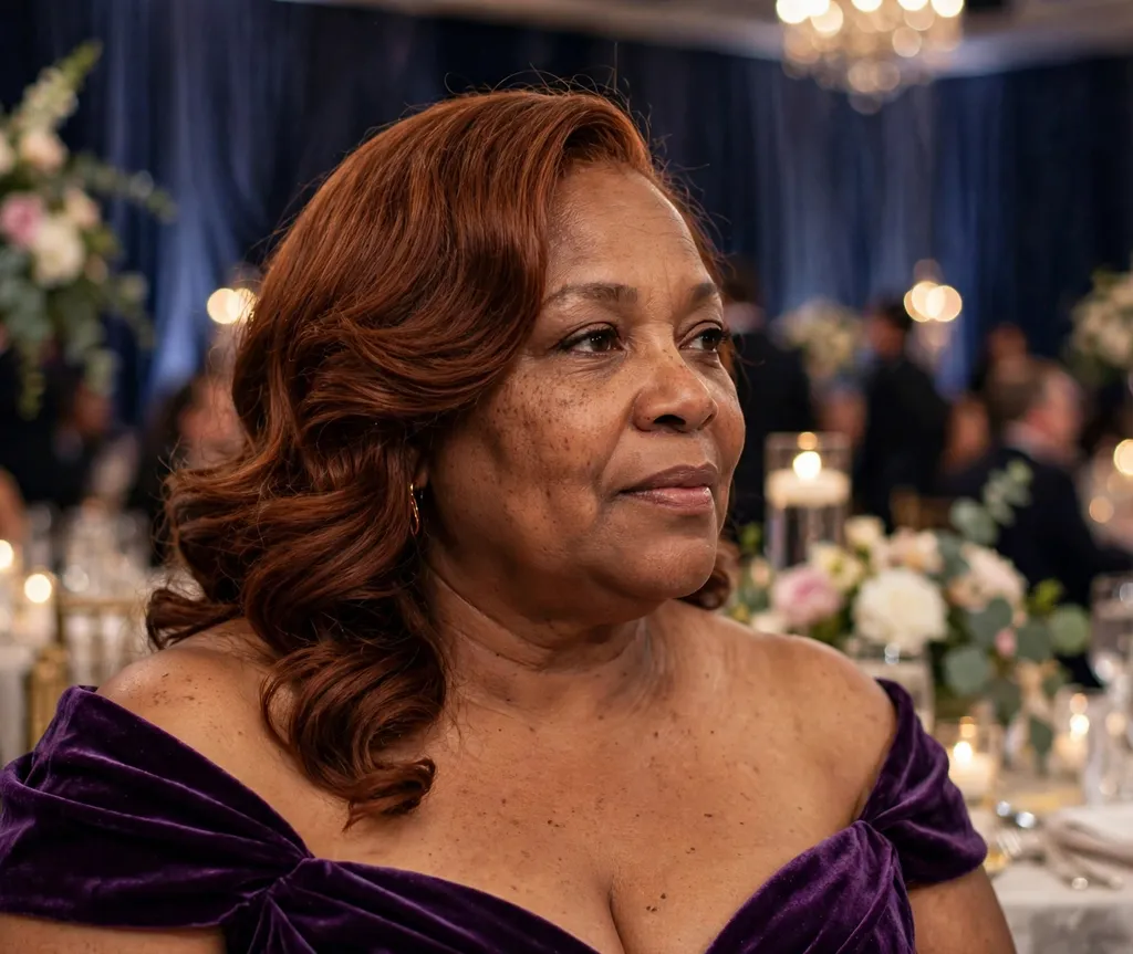 Plus-size woman with auburn side-swept medium-length waves, wearing a purple evening dress at a gala