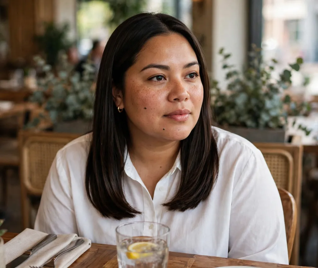 Plus-size woman with sleek straight dark-brown collarbone-length hair, wearing a white blouse at a restaurant