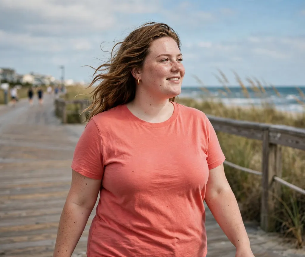 Plus-size woman with loose sun-kissed brown beachy waves, wearing a coral top on a boardwalk