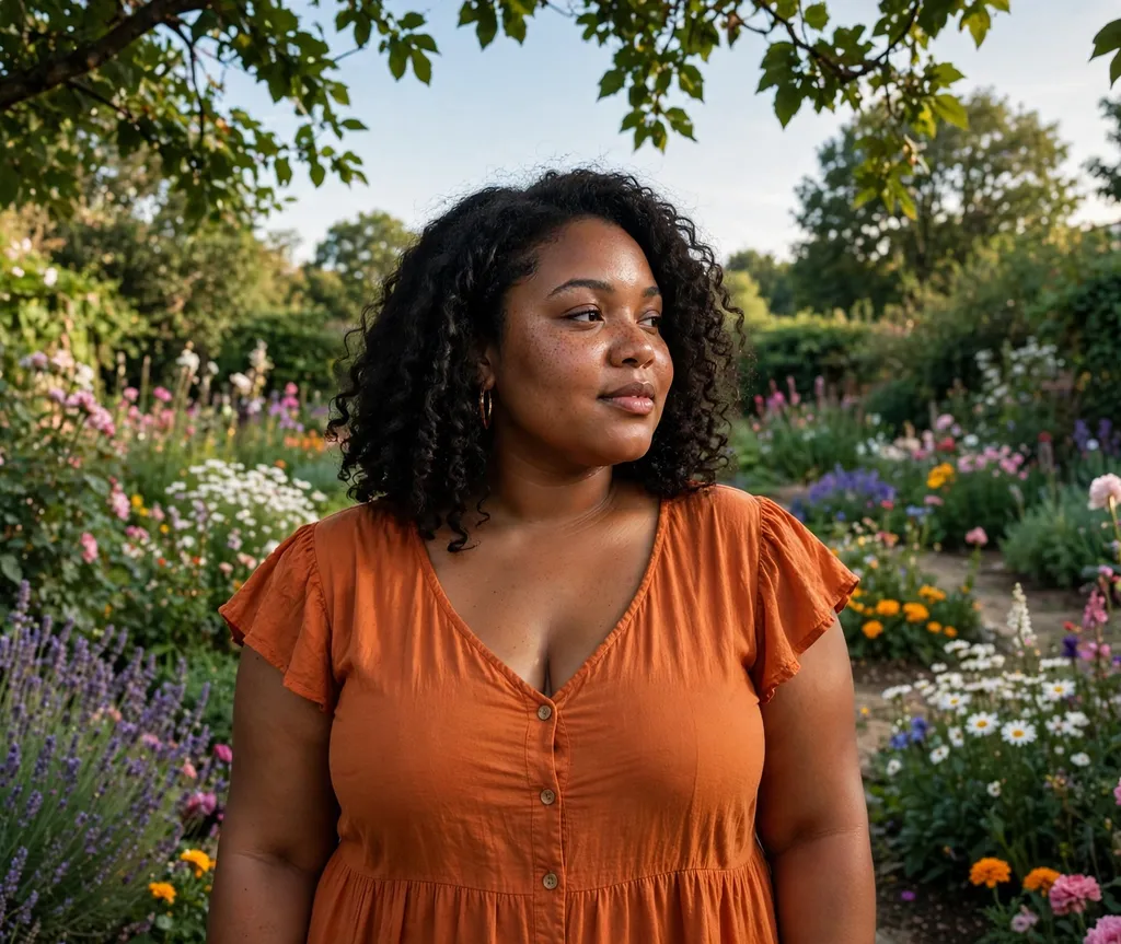 Plus-size woman with natural black shoulder-length curls, wearing an orange dress in a garden