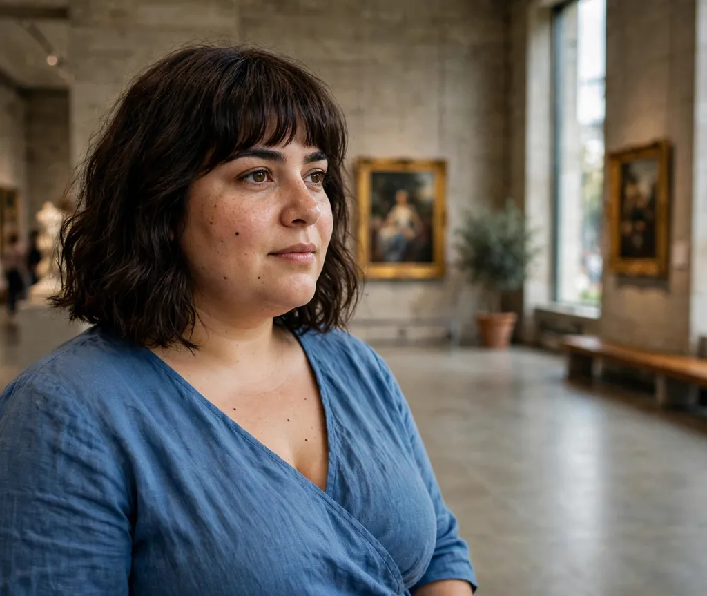 Plus-size woman with a textured dark-brown shoulder-length lob with full bangs, wearing a blue dress in a museum