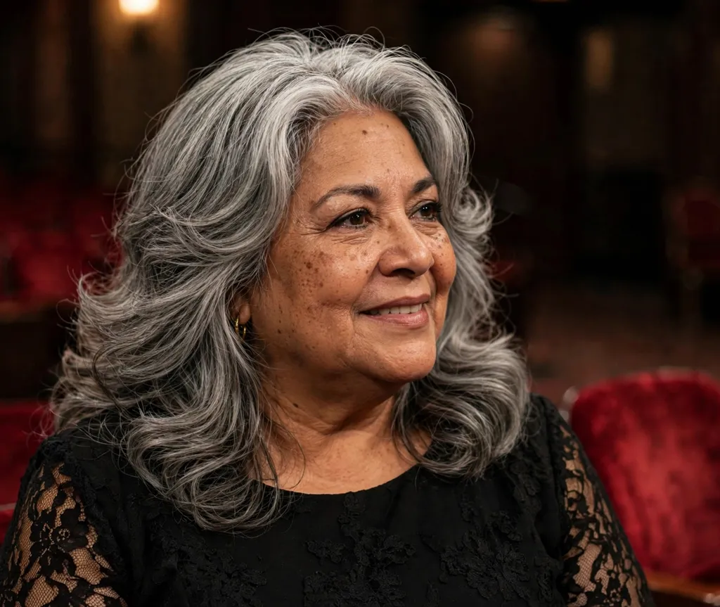 Plus-size older woman with voluminous silver-gray layered mid-length hair, wearing an elegant black dress at a theater