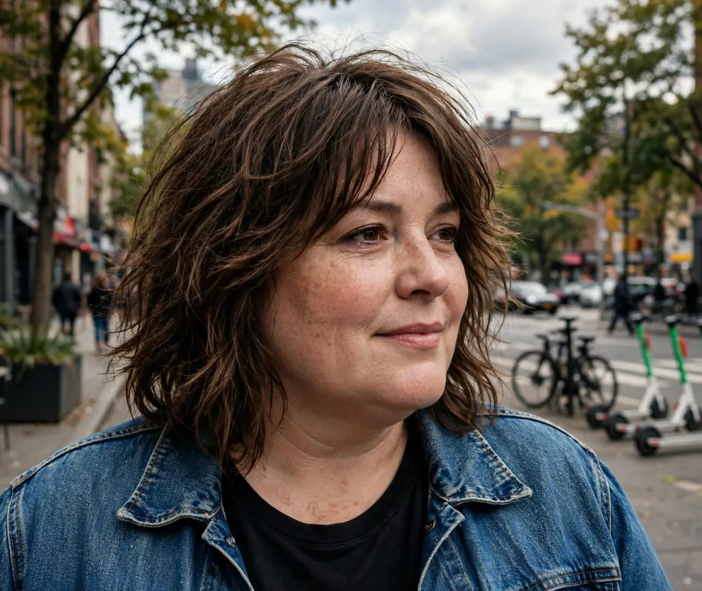 Plus-size woman with a tousled brunette medium-length shag, wearing a denim jacket on a city street