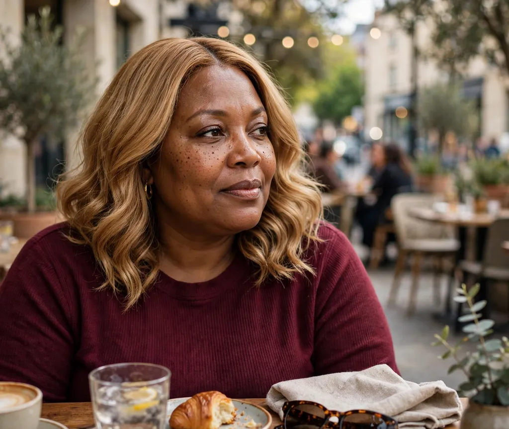 Plus-size woman with a honey-blonde wavy shoulder-length lob with a center part, wearing a burgundy top at a cafe