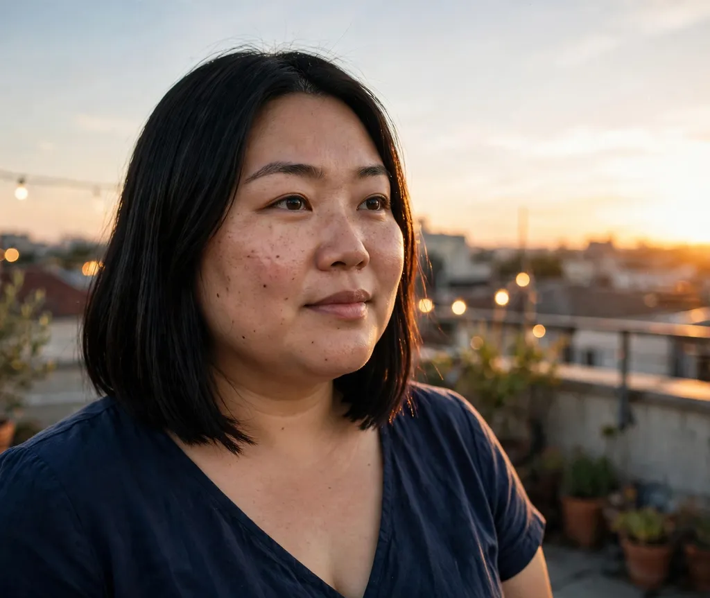 Plus-size woman with a blunt-cut straight black medium-length bob, wearing a navy dress on a rooftop