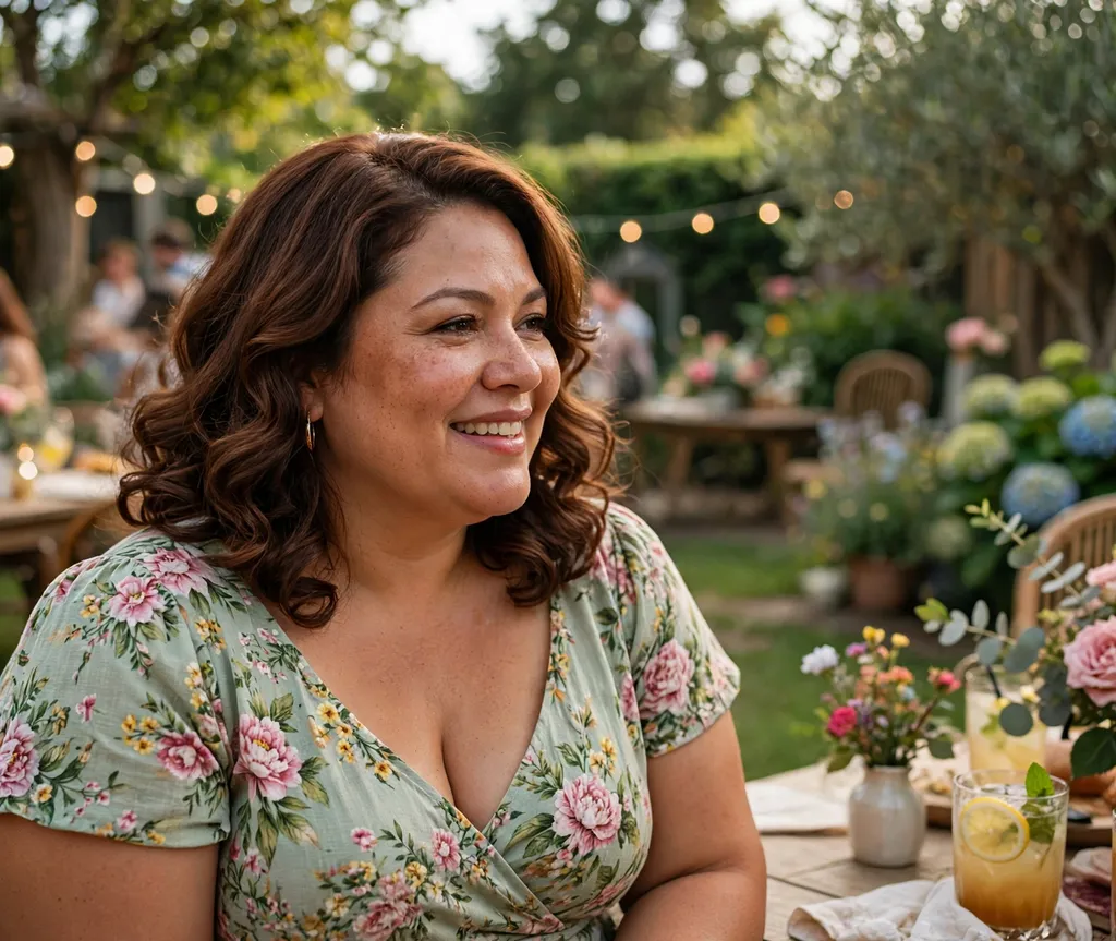 Plus-size woman with soft chestnut shoulder-length curls with a side part, wearing a floral dress at a garden party