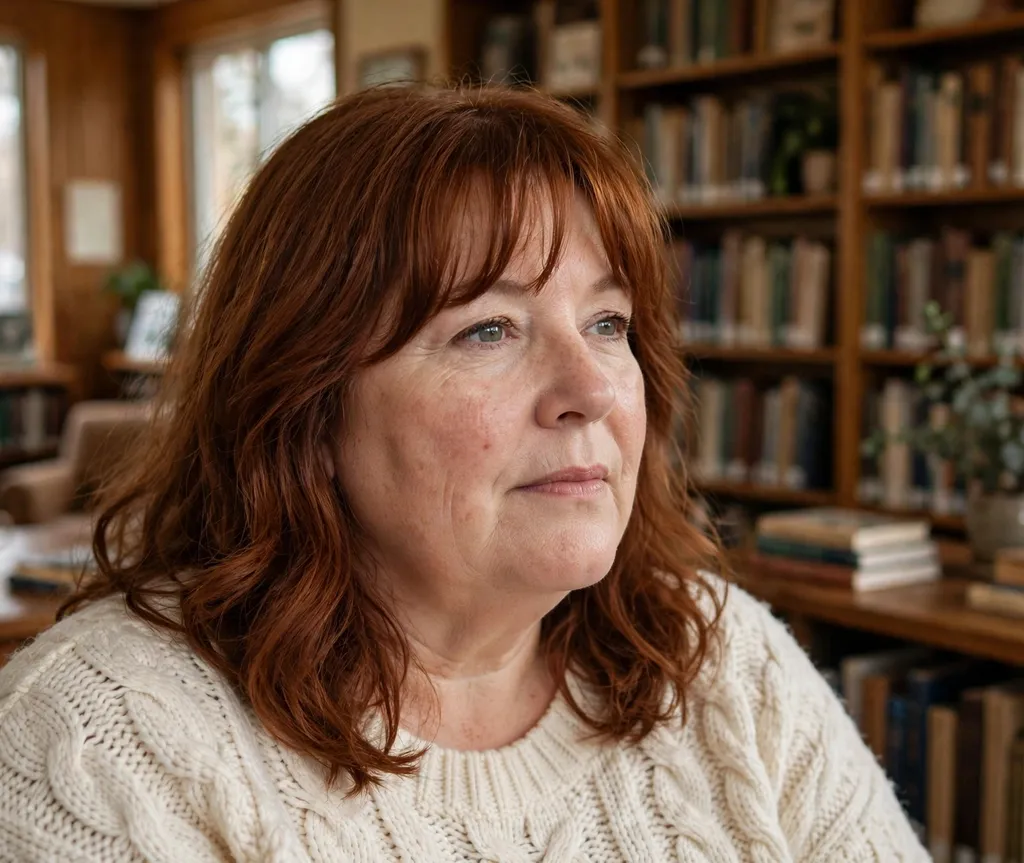 Plus-size woman with auburn medium-length hair with curtain bangs, wearing a cream sweater in a library
