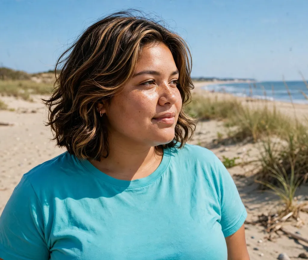 Plus-size woman with a caramel-highlighted layered medium lob, wearing a turquoise top at the beach