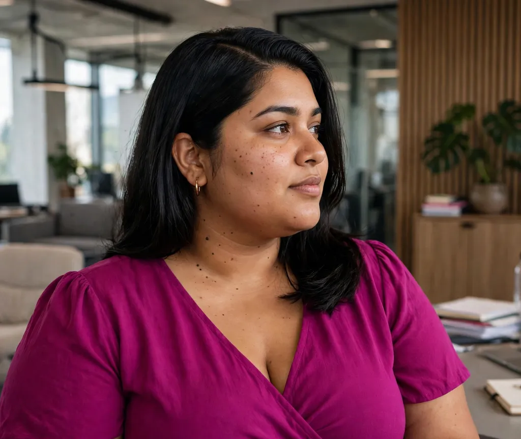 Plus-size woman with sleek black mid-length hair with a deep side part, wearing a magenta dress in an office
