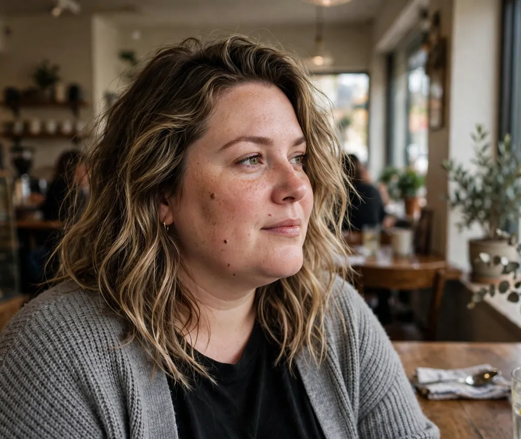 Plus-size woman with tousled dark-blonde medium-length waves, wearing a gray cardigan at a coffee shop