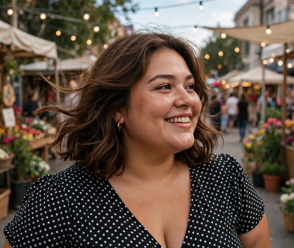 Plus-size woman with medium-length brown hair with playful flippy ends, wearing a polka-dot dress at a street fair