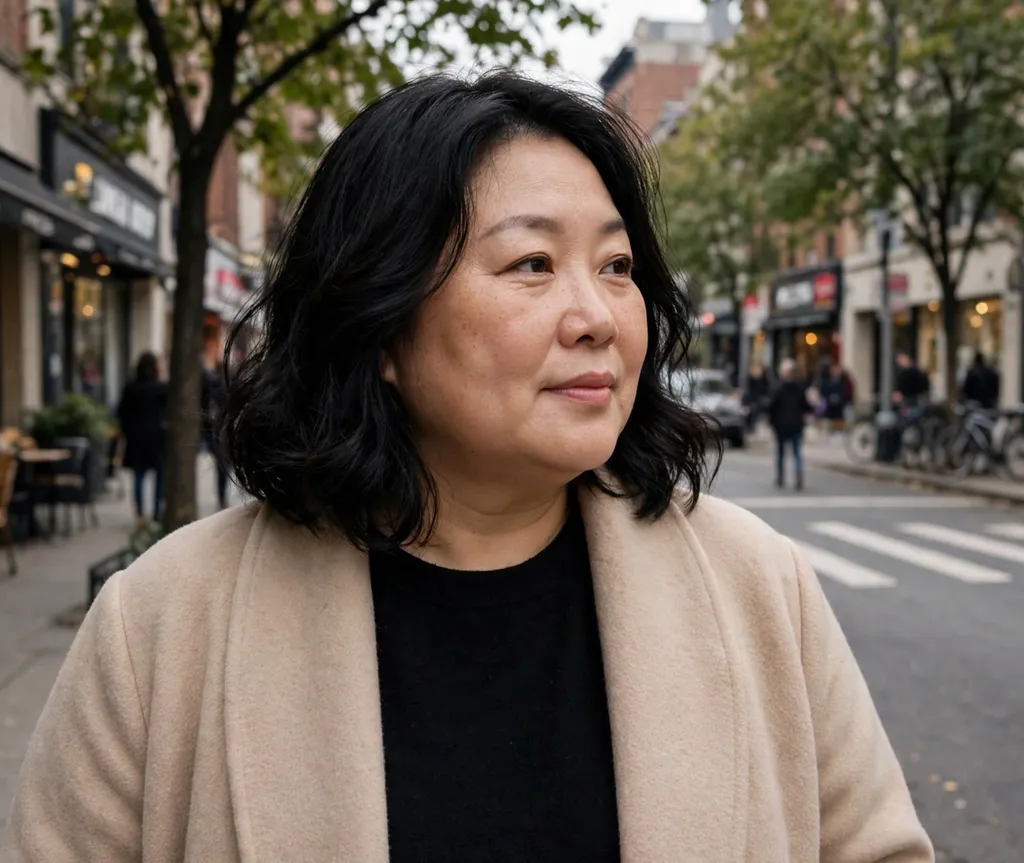 Plus-size woman with a black collarbone-length bob with subtle waves, wearing a beige coat on a city street