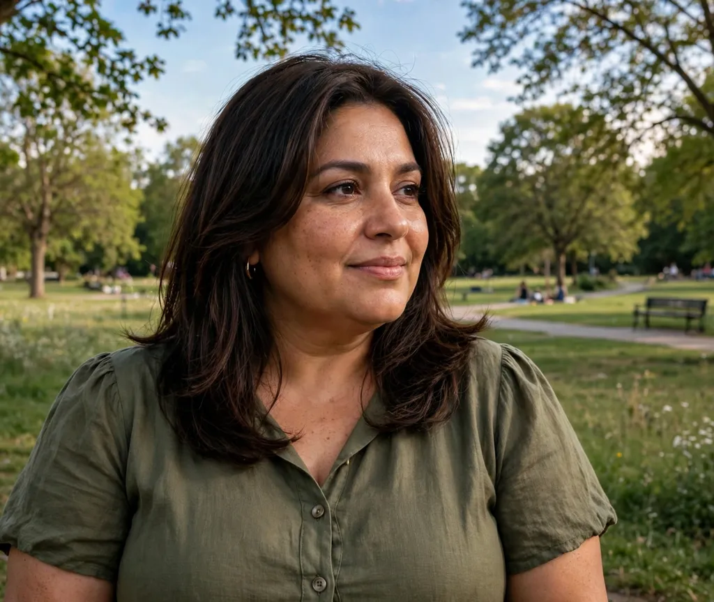 Plus-size woman with dark-brown face-framing mid-length layers, wearing an olive dress in a park