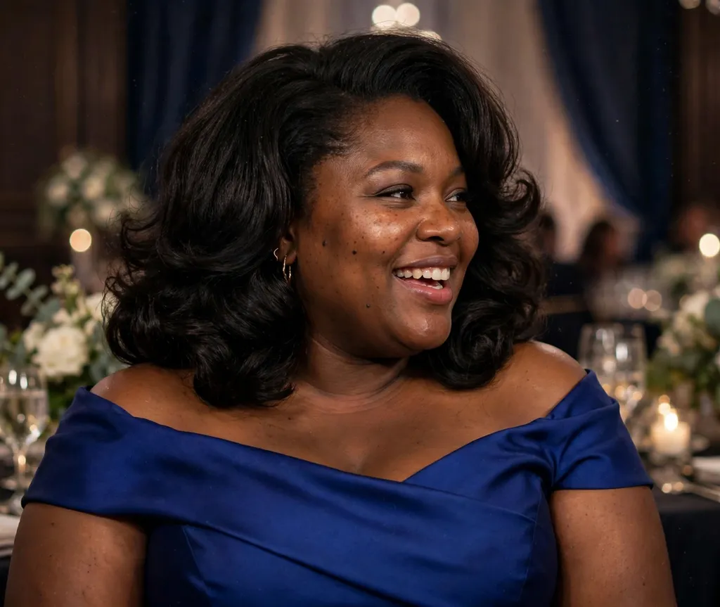 Plus-size woman with a voluminous shoulder-length salon blowout, wearing a royal blue gown at a gala