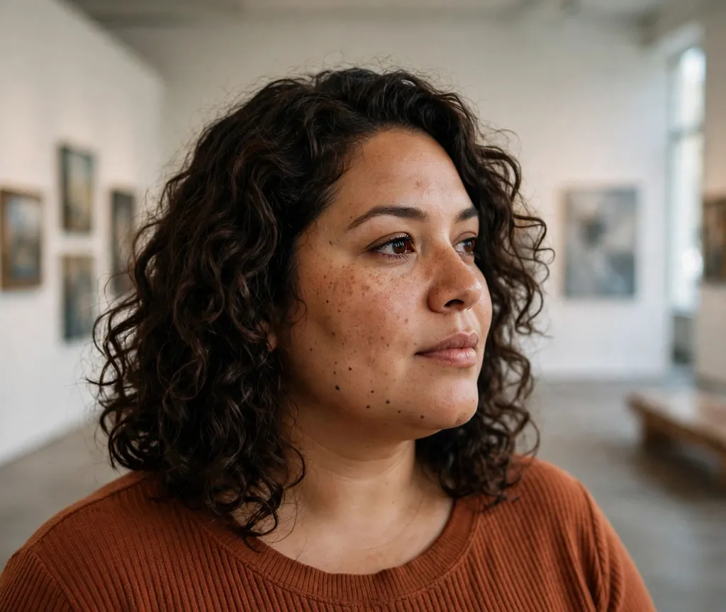 Plus-size woman with a dark-brown curly shoulder-length shag, wearing a rust top in an art gallery