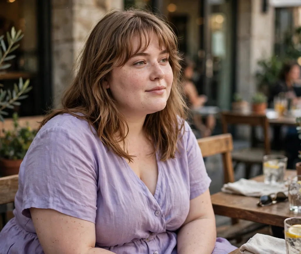 Plus-size woman with light-brown shoulder-length hair with wispy bangs, wearing a lavender dress at a cafe