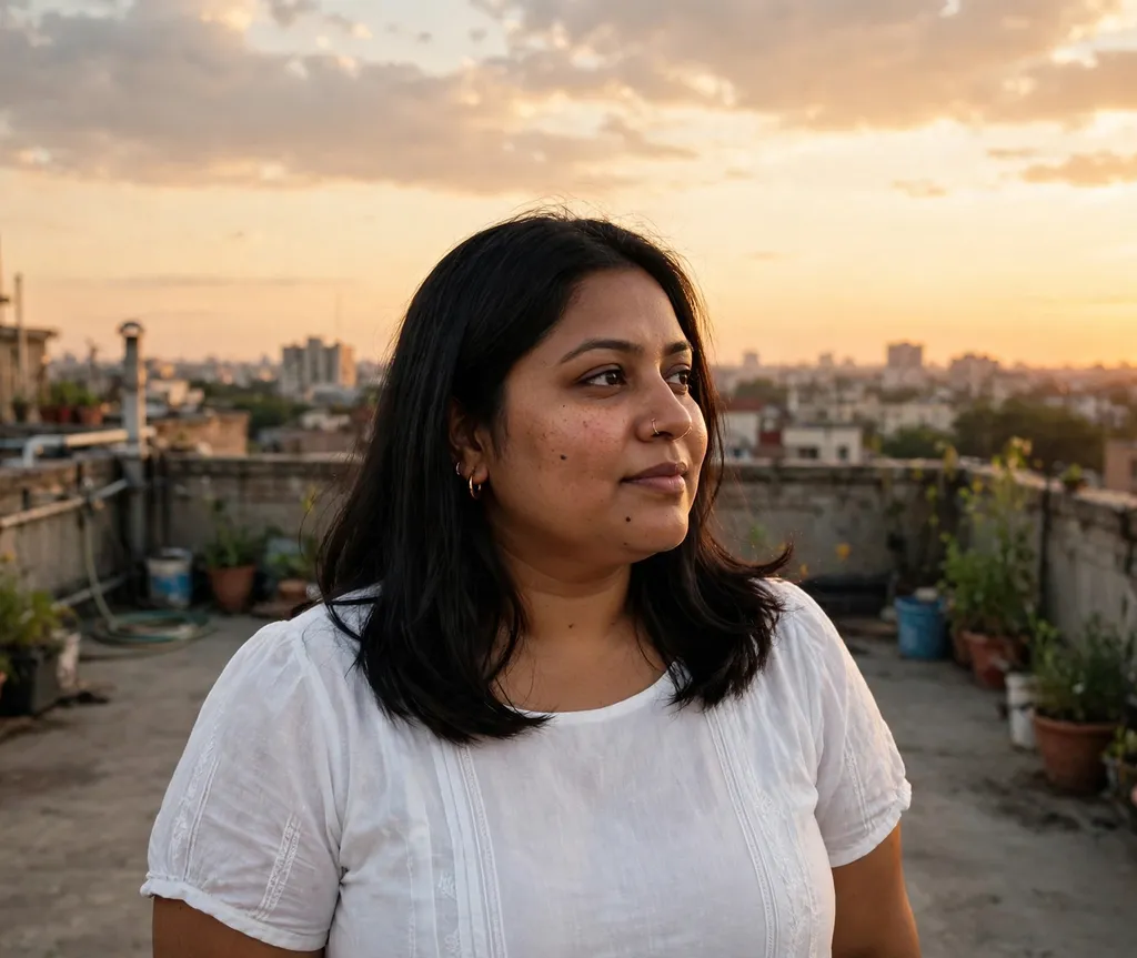 Plus-size woman with smooth straight black shoulder-length hair, wearing a white dress on a rooftop