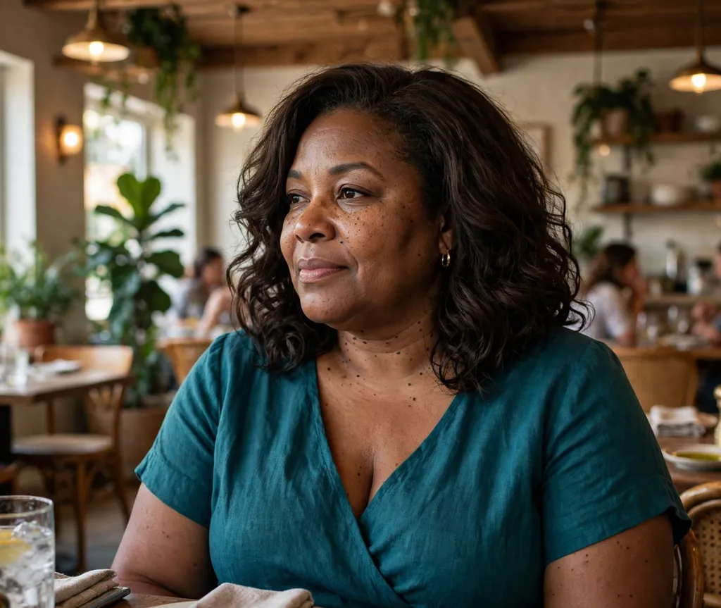 Plus-size woman with voluminous loose dark-brown medium-length waves, wearing a teal dress at a restaurant
