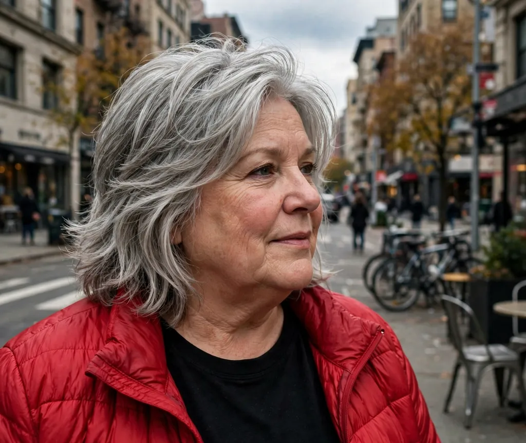 Plus-size older woman with textured silver mid-length layered hair, wearing a red jacket on a city street