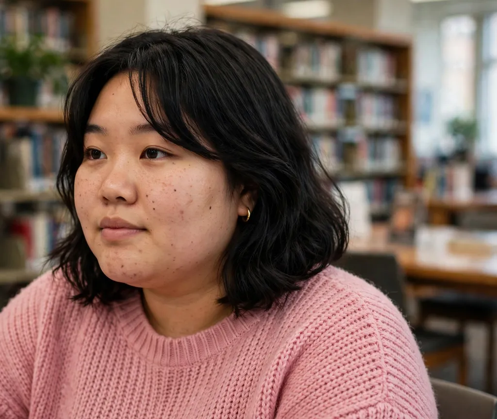 Plus-size woman with a black shoulder-length bob with side-swept bangs, wearing a pink sweater in a library