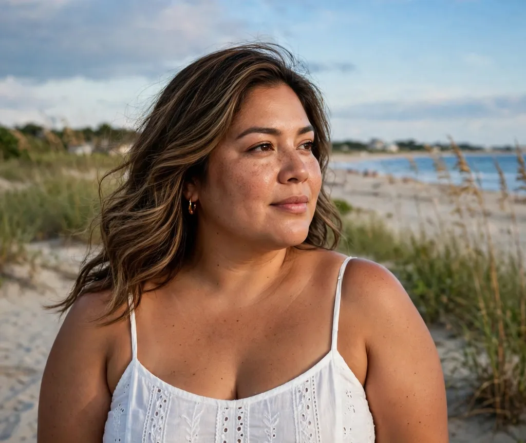 Plus-size woman with balayage brown medium-length waves, wearing a white sundress at the beach
