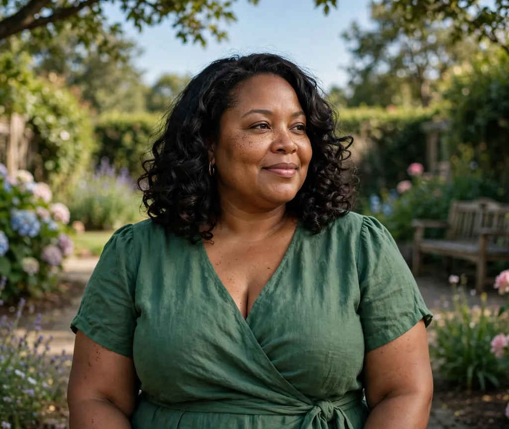 Plus-size woman with soft black shoulder-length ringlets, wearing a green dress in a garden