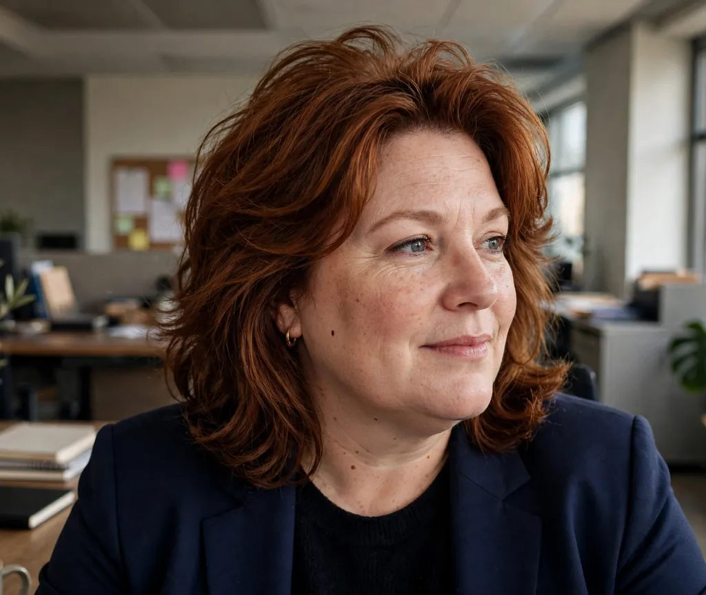 Plus-size woman with auburn layered mid-length hair with volume at the crown, wearing a navy blazer in an office